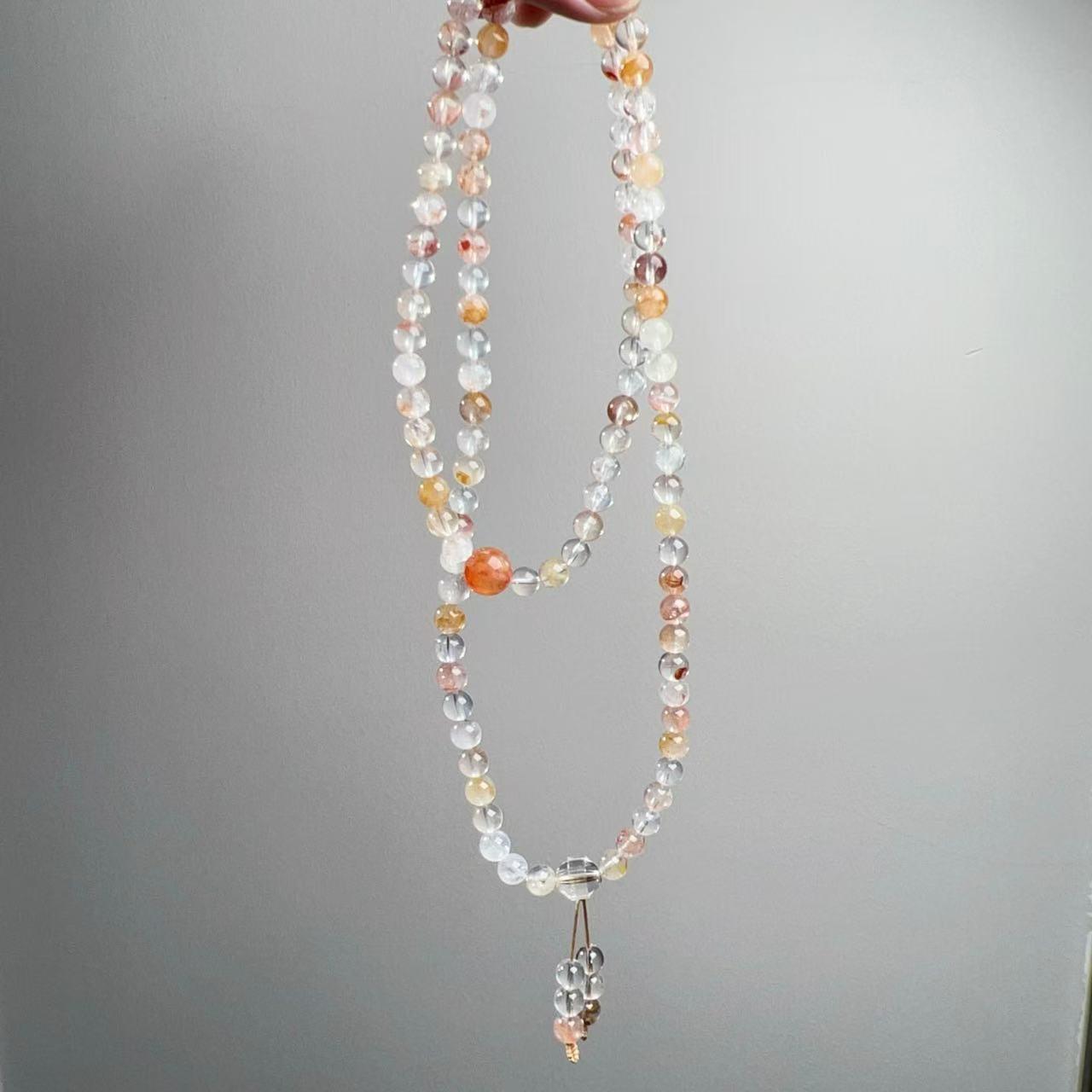 天然锦鲤胶花108颗佛珠手链项链搭配天然白水晶红胶花锁骨链时尚