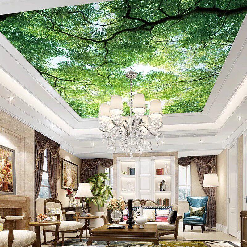 天花板吊顶壁布蓝天白云大树棚顶壁画绿色风景3d空间延伸屋顶墙纸