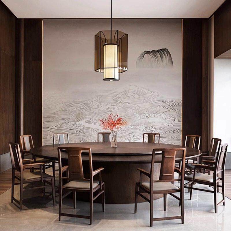 酒店电动餐桌大圆桌新中式实木自动转盘15/20人会所2.2/3米火锅桌