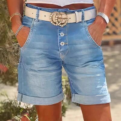 Women's stretch high waisted denim women's rolled edge mid