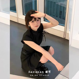 Sayincan新中式轻国风短袖黑色改良旗袍女夏季小个子盘扣连衣短裙