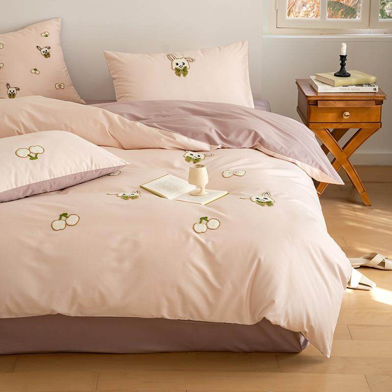 100支贡缎长绒棉全棉四件套可爱卡通毛巾绣纯棉床单被套床上用品4