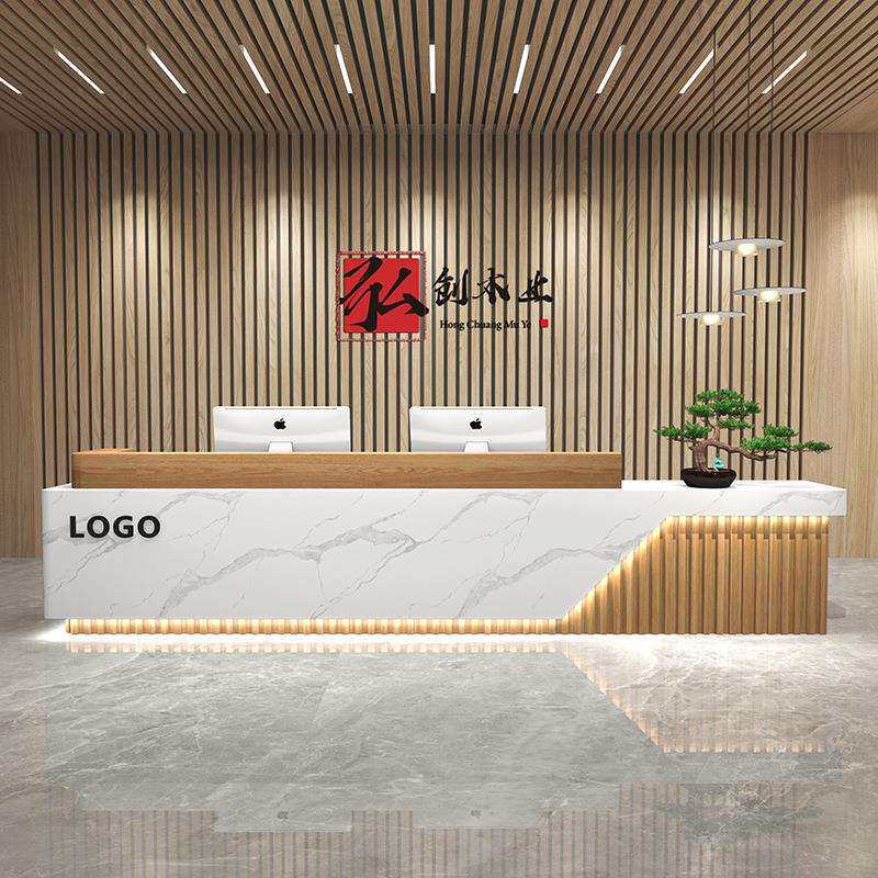 公司前台接待台酒店商用迎宾吧台简约大理石纹烤漆轻奢收银台