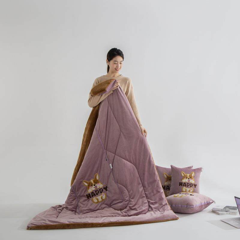 新款2024秋冬加厚抱枕被 厚款哈士奇泰迪绒多功能抱枕卡通抱枕毯