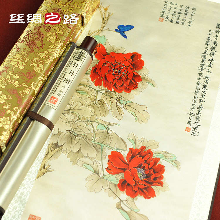 厂家直销画《  丝绸卷轴  》丝绸礼品文化画图丝绸牡丹厂家丝绸画