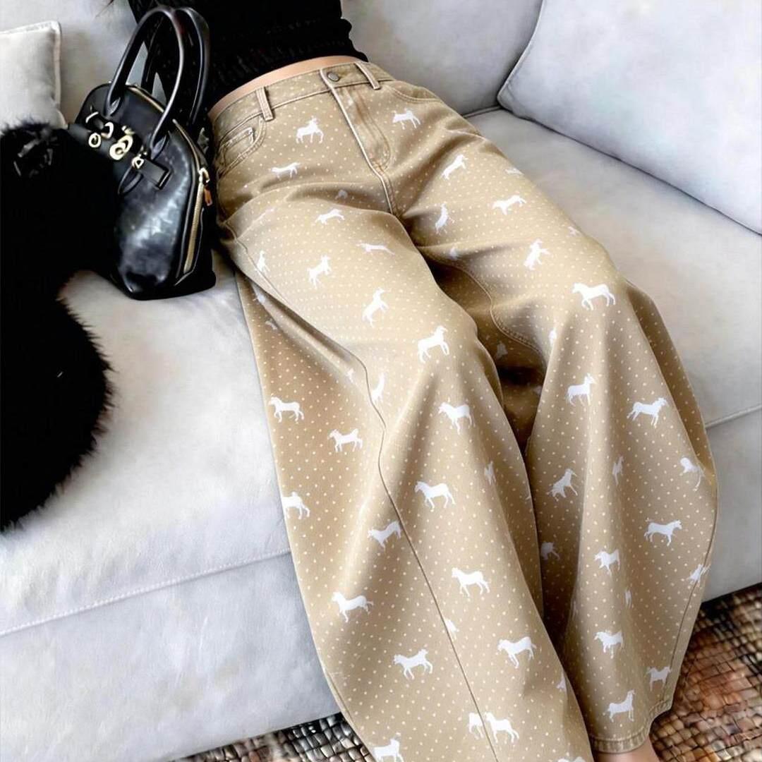 潮牌棕色提花休闲阔腿裤子女时尚新款宽松慵懒垂坠高级感直筒长裤