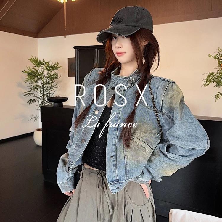 ROSX法式设计感辣妹混色牛仔外套女春季新款休闲重工短款长袖夹克