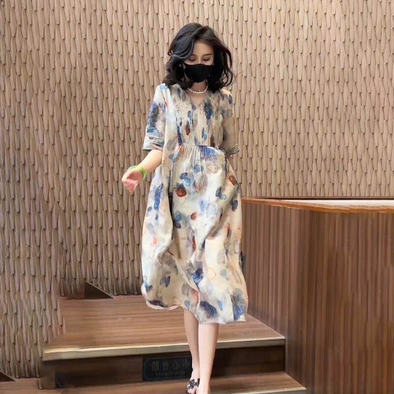 潮牌高级感气质V领天丝洋装女2025夏季新款宽松法式透气长裙子