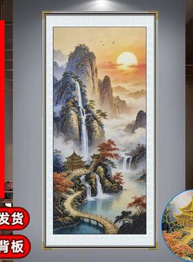 新中式山水风景高山流水浮雕描金装饰画客厅玄关挂画瀑布山水国画