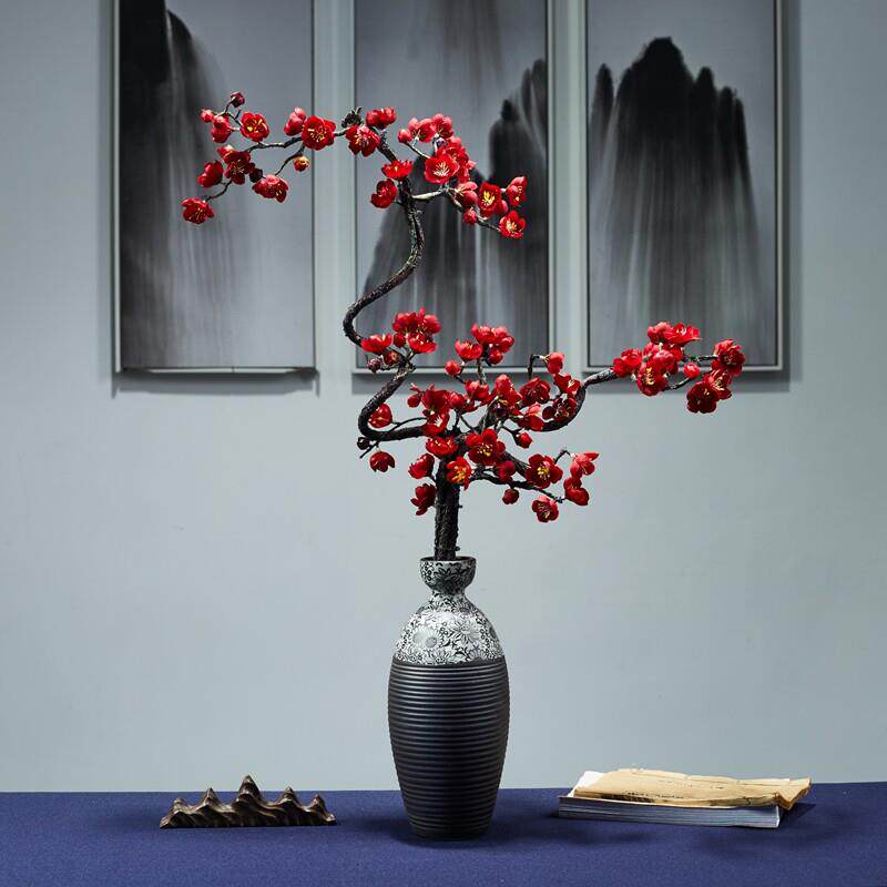 中式覆古黑色陶瓷花瓶彷真花傲骨梅花枝腊梅插花室内摆件家居装饰