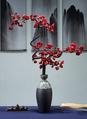 中式覆古黑色陶瓷花瓶彷真花傲骨梅花枝腊梅插花室内摆件家居装饰
