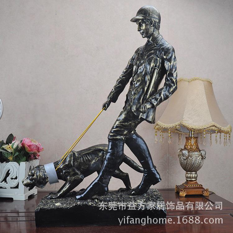 欧式树脂男孩牵狗摆件 复古工艺欧美酒店大厅家居装饰工艺品摆设
