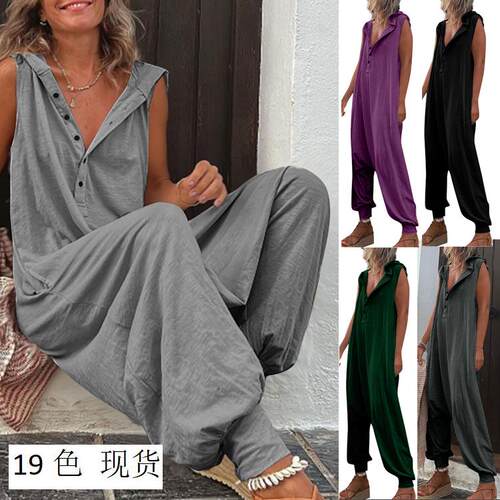 Women's buttoned hooded sleeveless pants jumpsuit