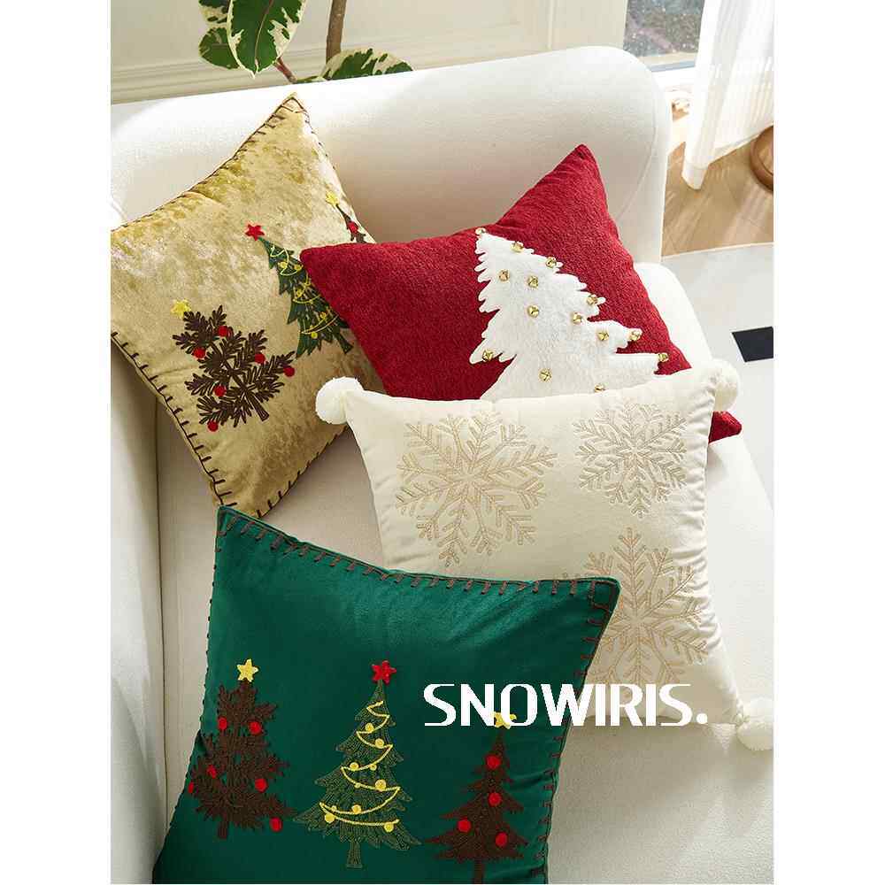 红色圣诞抱枕节日客厅沙发装饰靠垫高级摄影圣诞树刺绣铃铛腰靠枕