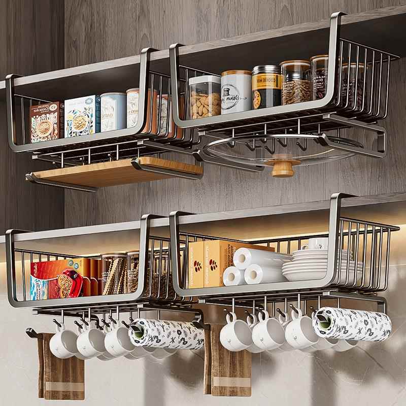 蓝藤厨房置物架收纳悬挂分层挂篮免打孔橱柜内吊柜下挂篮挂架