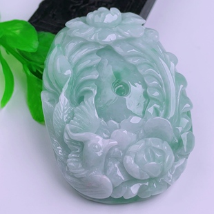天然真品翡翠正品 冰水润细腻冰满绿满色精雕鸟语花香吊坠 71.12g