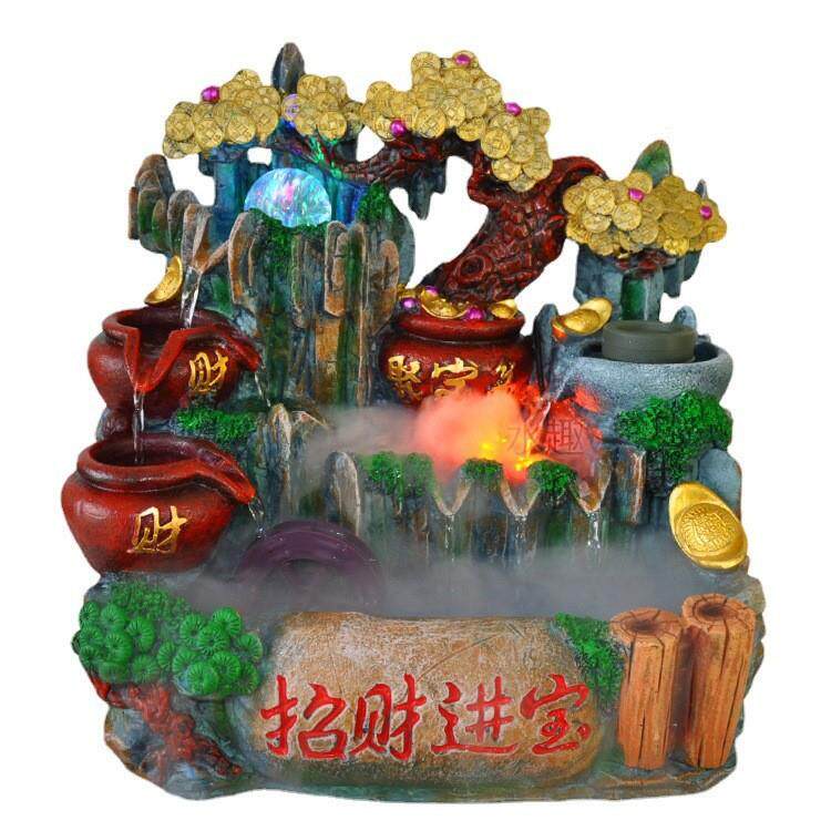 创意小礼品摇钱树聚宝盆树脂喷泉摆件流水微景观装饰