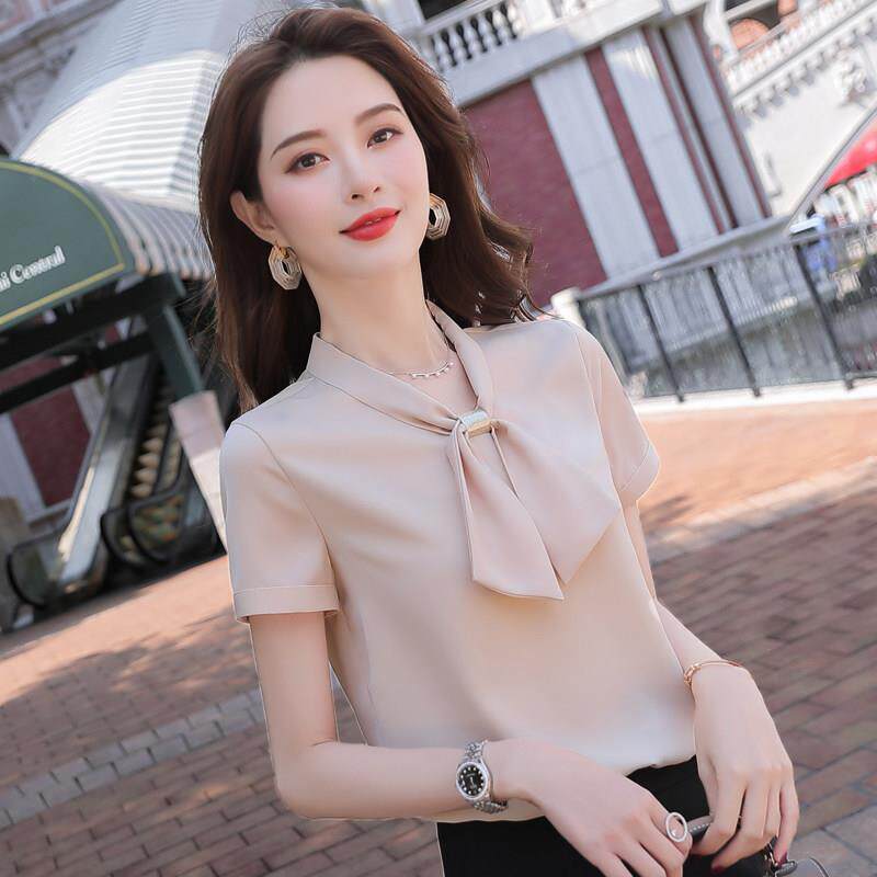 冰丝雪纺衬衫女夏2026新款法式气质轻奢风设计感丝带V领短袖上衣