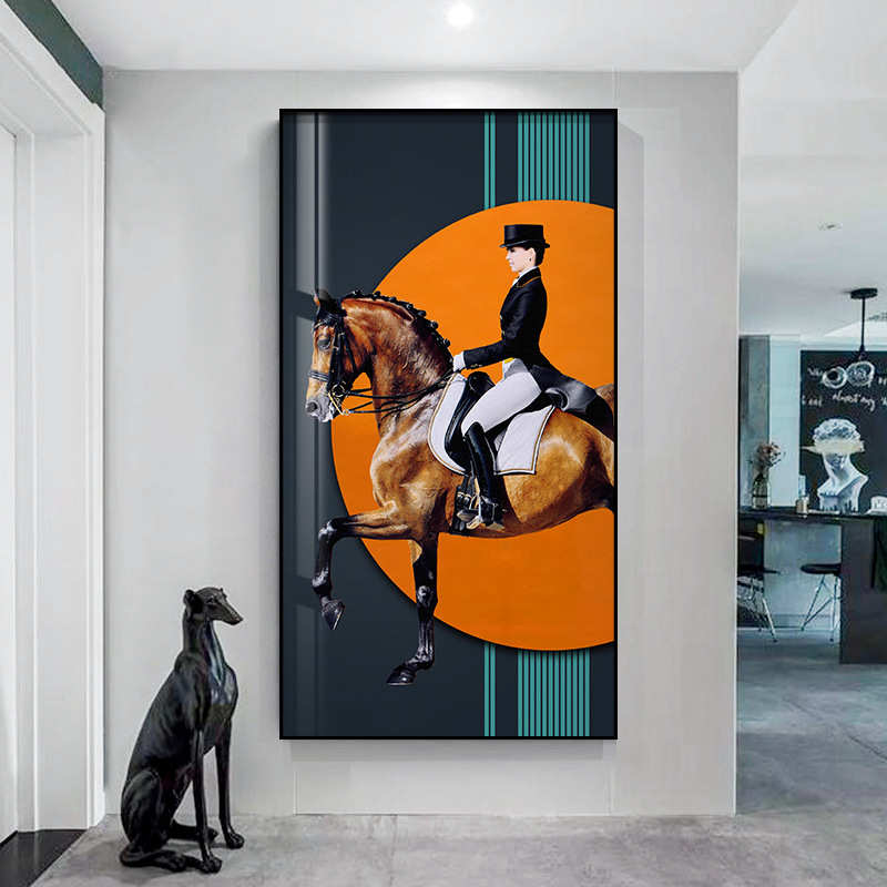 现代玄关装饰画轻奢软装壁画橙色英伦风餐厅马骑士北欧风客厅挂画图片