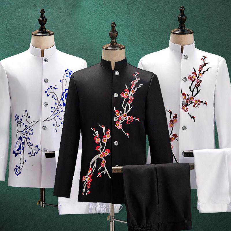 大合唱团演出服男蓝色艺考独唱朗诵表演服装主持人丝绒晚礼服长裙