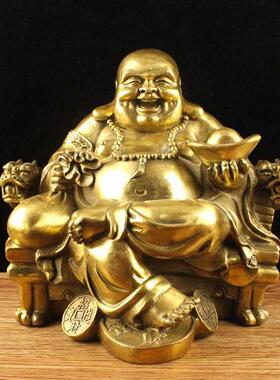 纯黄铜大号弥勒佛摆件笑佛龙椅弥勒佛铜像 铜佛像摆件