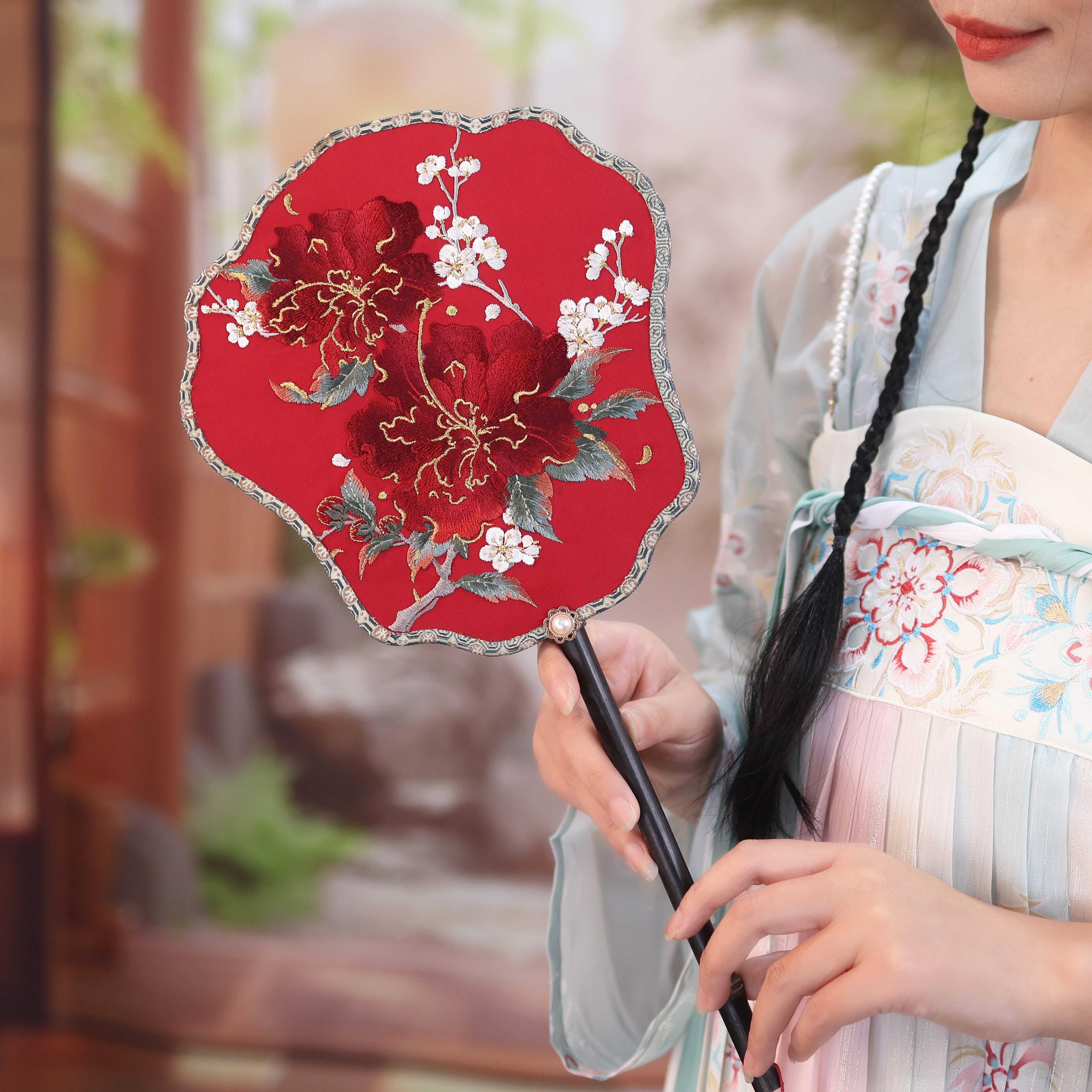 【木槿花】紫竹长柄团扇喜扇汉服旗袍舞蹈走秀表演拍照国风团扇