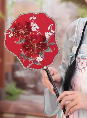 【木槿花】紫竹长柄团扇喜扇汉服旗袍舞蹈走秀表演拍照国风团扇