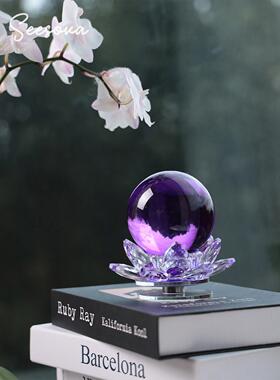Seesova 紫红黄莲花水晶球摆件高级感客厅玄关装饰品乔迁开业礼物