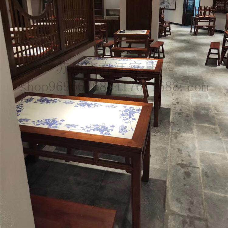实木餐桌椅商用 大理石方桌圆桌 中式饭店八仙桌餐桌椅组合