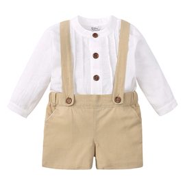 小童装夏季款儿童套装宝宝衬衫背带裤男童周岁礼服长袖帅气两件套