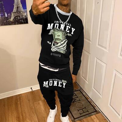 Graphic Print Long Sleeve Hoodie and Long Pants Set Casual