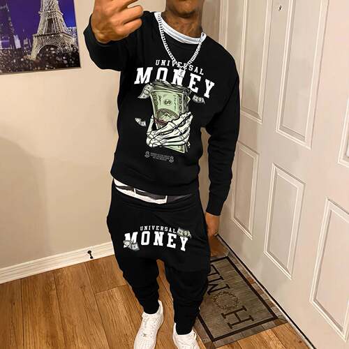 Graphic Print Long Sleeve Hoodie and Long Pants Set Casual
