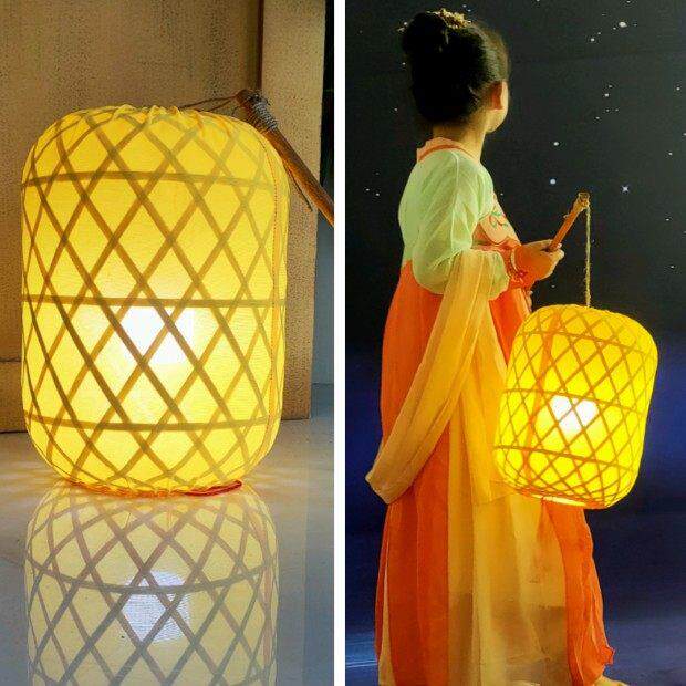 竹编灯笼手提汉服摄影灯笼墙中式冬瓜形发光竹灯罩送实木杆灯泡