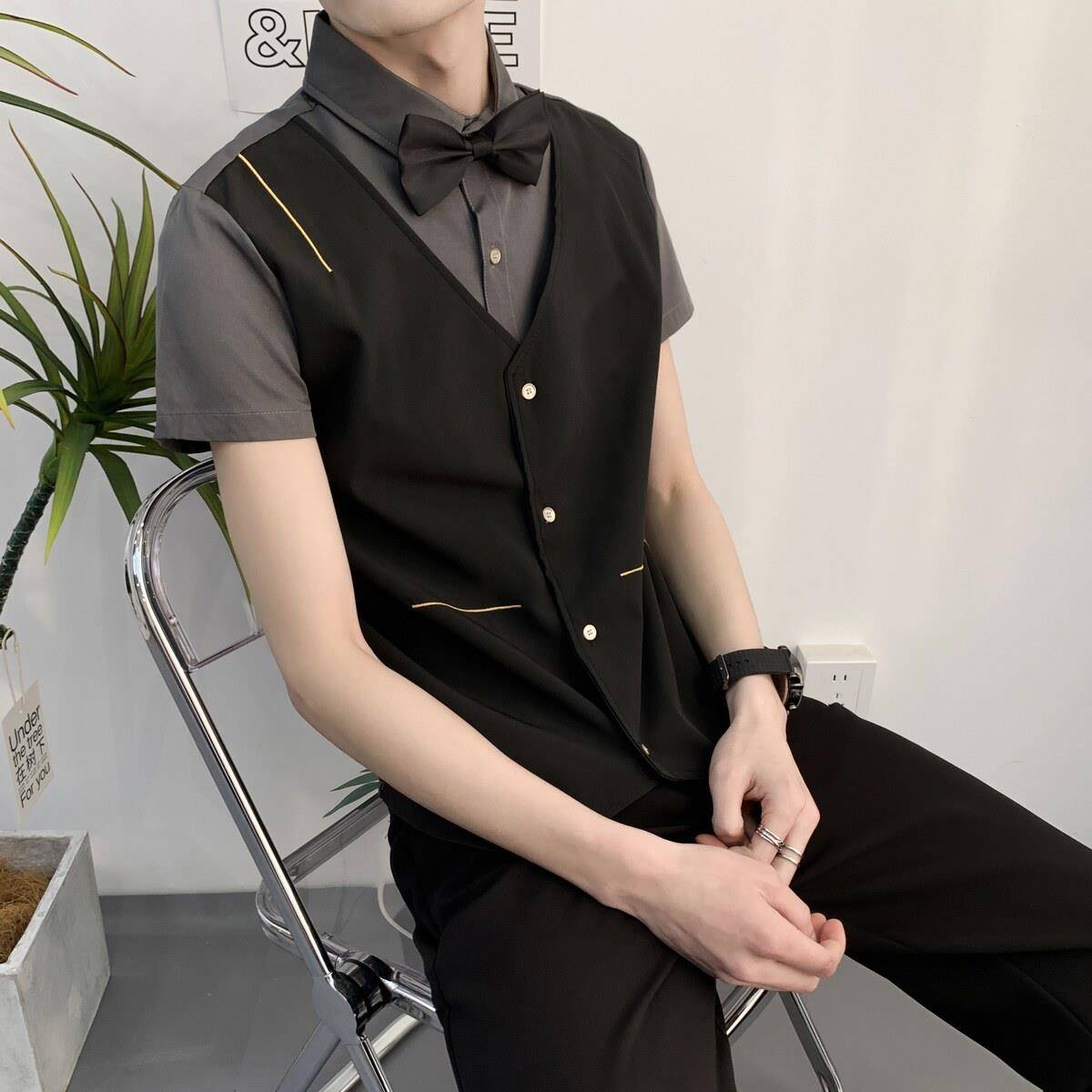 KTV服务员工作服短袖马甲套装夜场夏季少爷服酒吧工装制服定制男图片