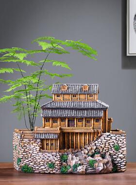 中式田园创意复古吊脚楼微景观建筑摆件文竹盆栽家居客厅装饰礼品