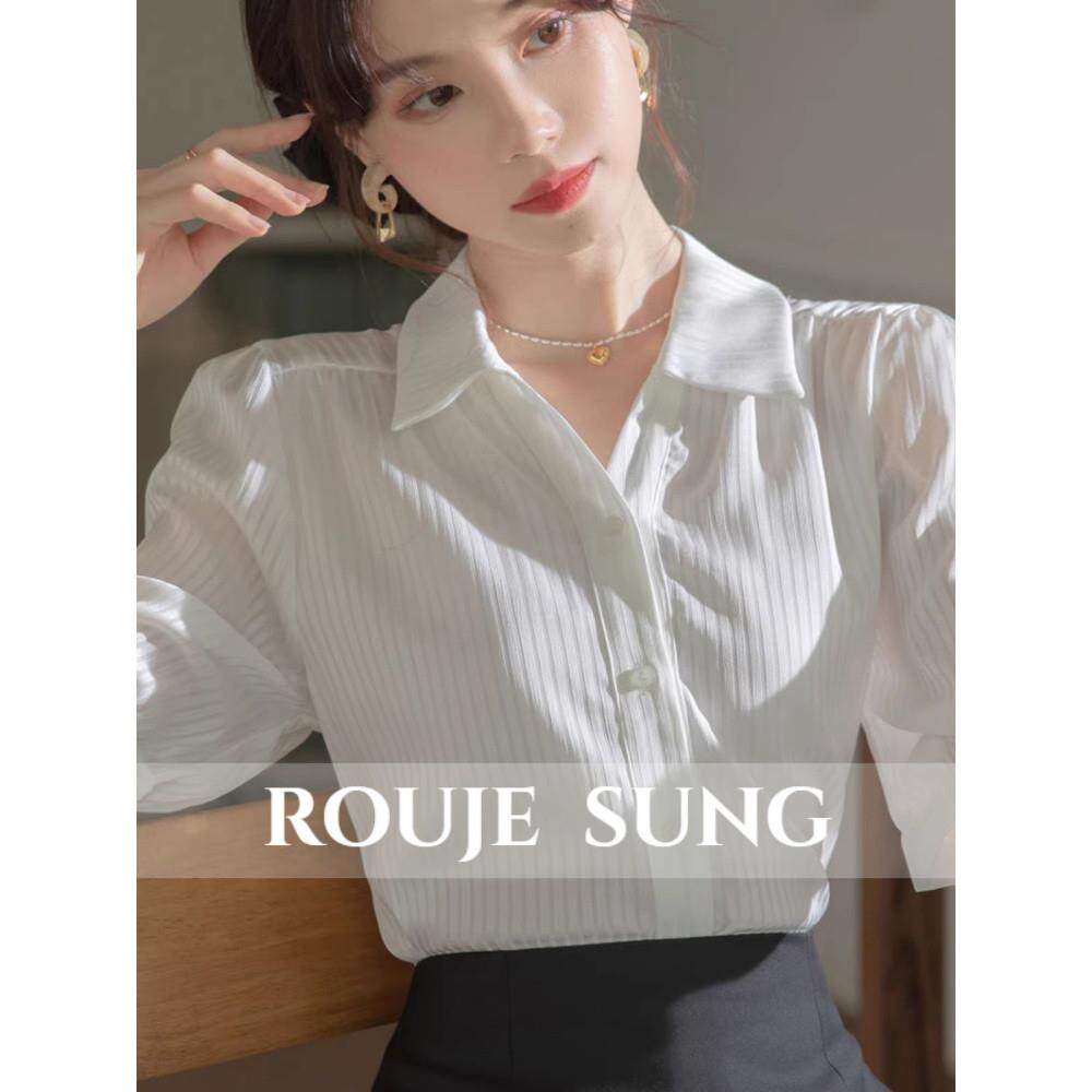 ROUJE SUNG~五分袖衬衫女装春夏季白色上衣中袖职业正装短袖衬衣