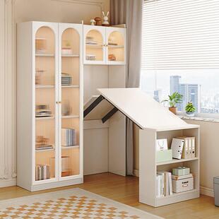 批实木电脑桌家用小户型可折叠书桌书柜一体转角学习写字台书架组