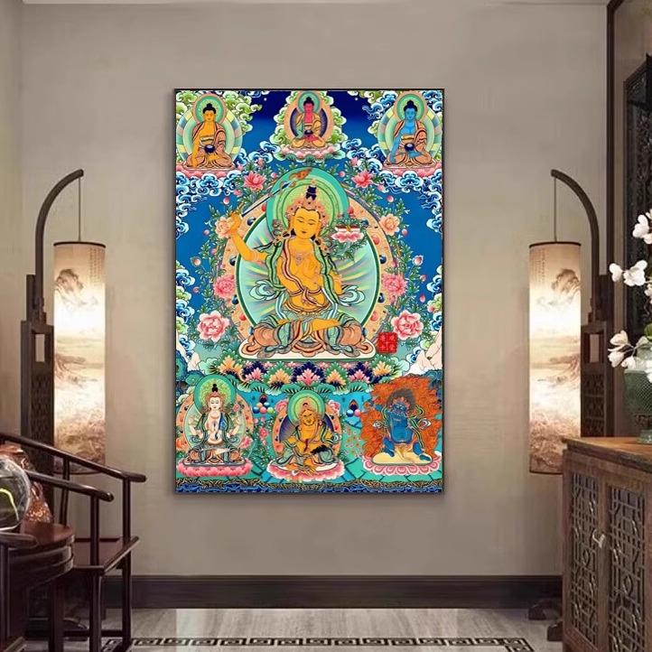 文殊菩萨佛像挂画像唐卡装饰画西藏玄关客厅书房佛堂中式禅意壁画