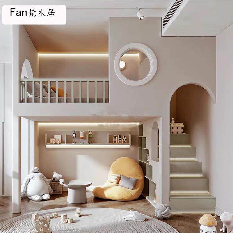 简约实木单层高低床儿童房树屋双层床公主城堡床上床下休闲 带滑