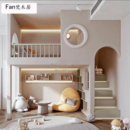 简约实木单层高低床儿童房树屋双层床公主城堡床上床下休闲 带滑