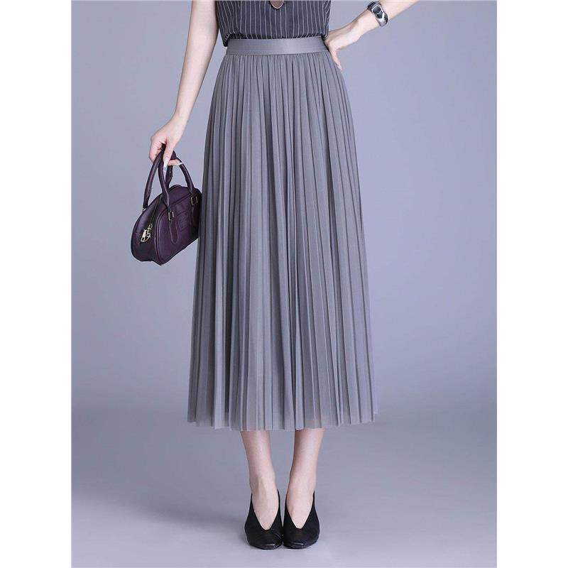 杏色网纱半身裙女2026春秋季小个子高腰显瘦百搭纱裙通勤百褶长裙