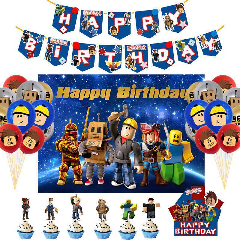 Roblox沙盒游戏主题男女宝宝生日派对装饰背景布海报横幅气球拉旗