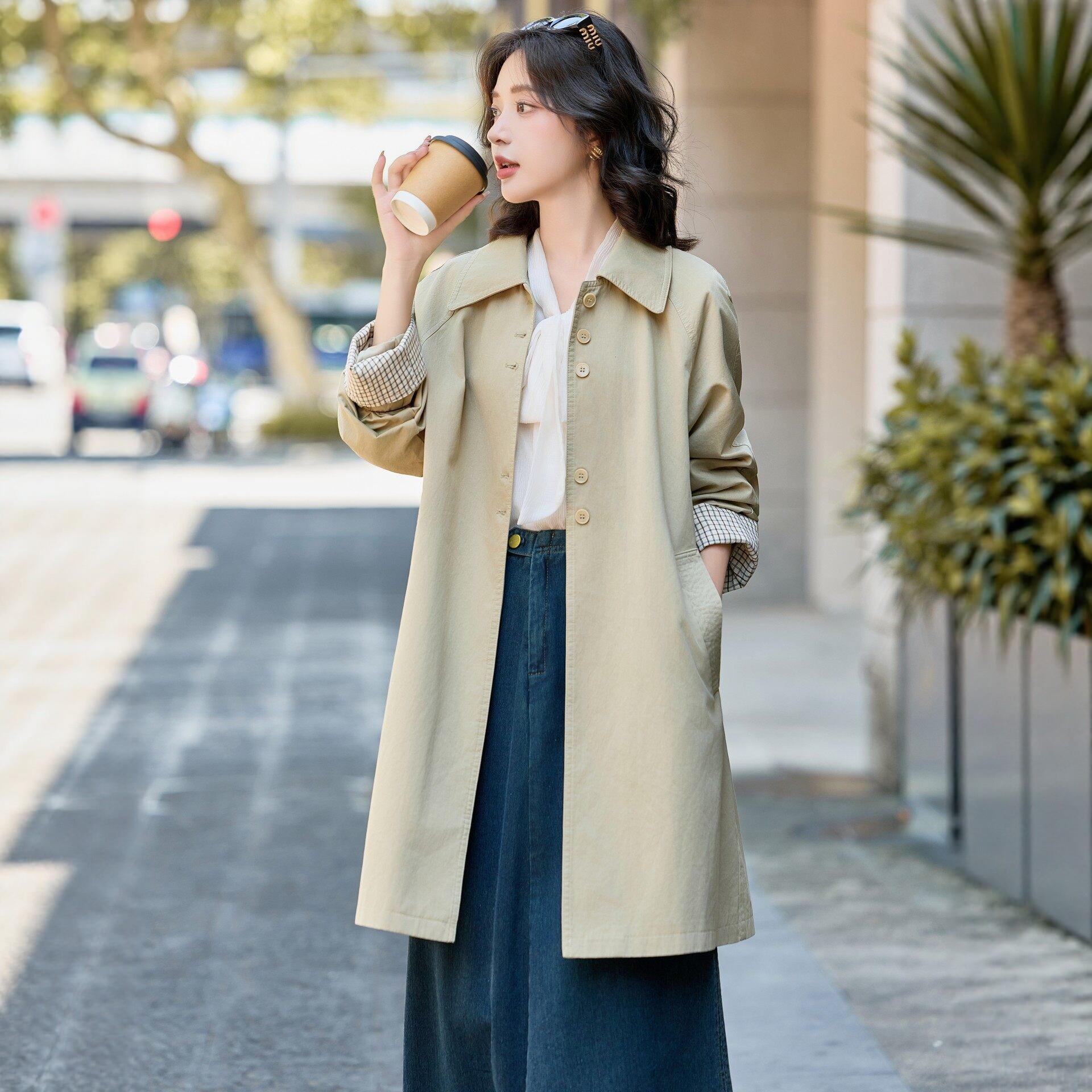韩版休闲风衣外套女2026春秋款高级感洋气翻袖宽松减龄中长款大衣
