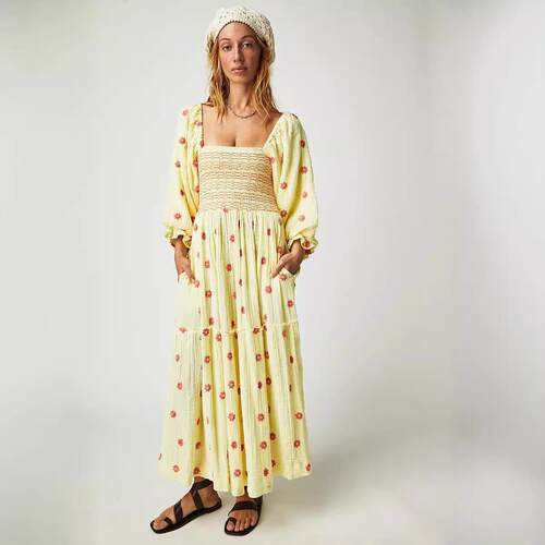 Women Long Dress Long Sleeve Dress Square Neck Embroidery