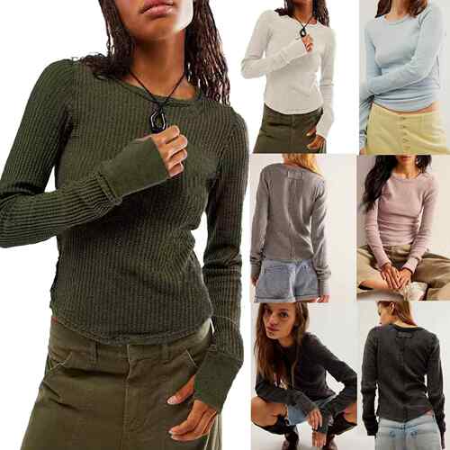 Waffle Knit Long Sleeve Shirts for Women Crew Neck Slim Fitt