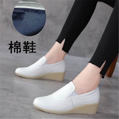 正品真皮鞋护女士软底透气舒单鞋牛筋底休闲 小白鞋坡跟皮适鞋白