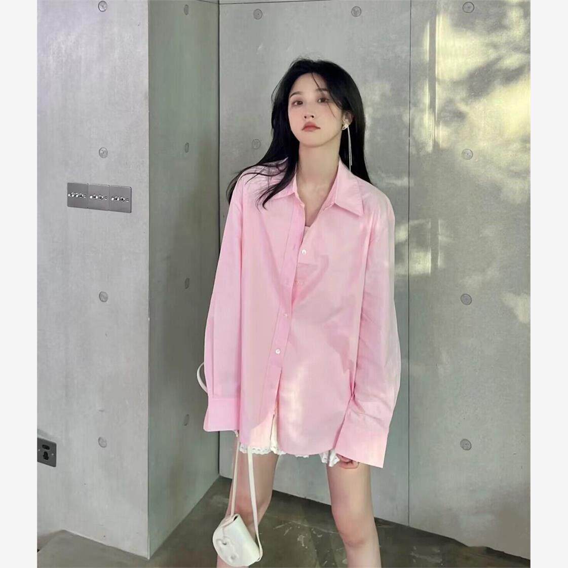 NextMary冷淡系粉色长袖衬衫女春季法式纯棉宽松显瘦衬衣外搭上衣