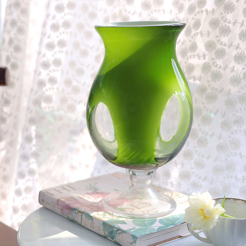 中古芬顿花边琉璃花瓶绿影映月手工玻璃花瓶水培插花装饰品摆件
