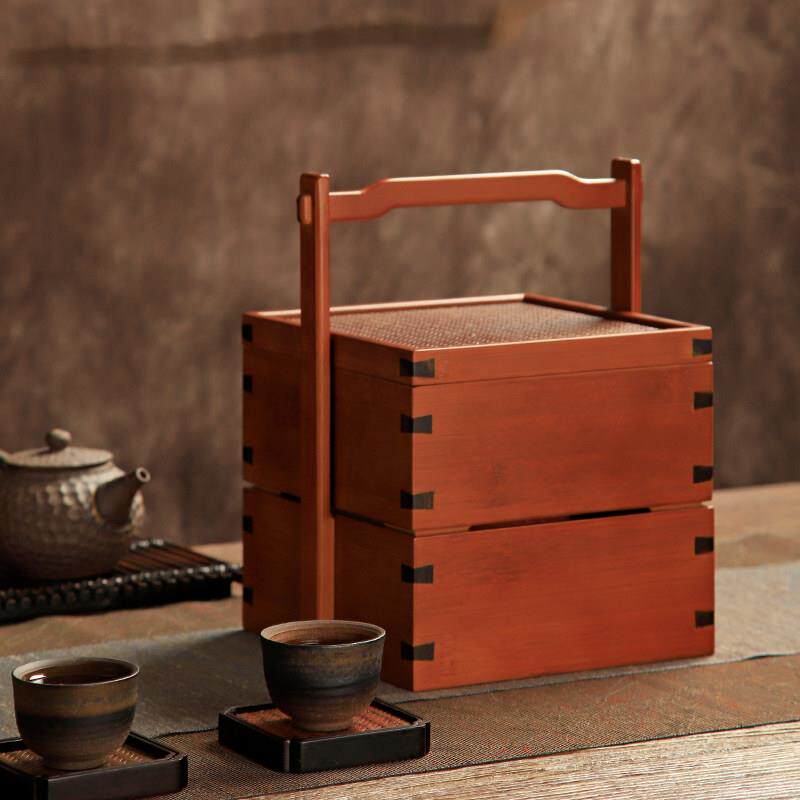 竹制古风食盒中式提篮茶具收纳盒筐竹编手提包茶杯箱篮子便携户外