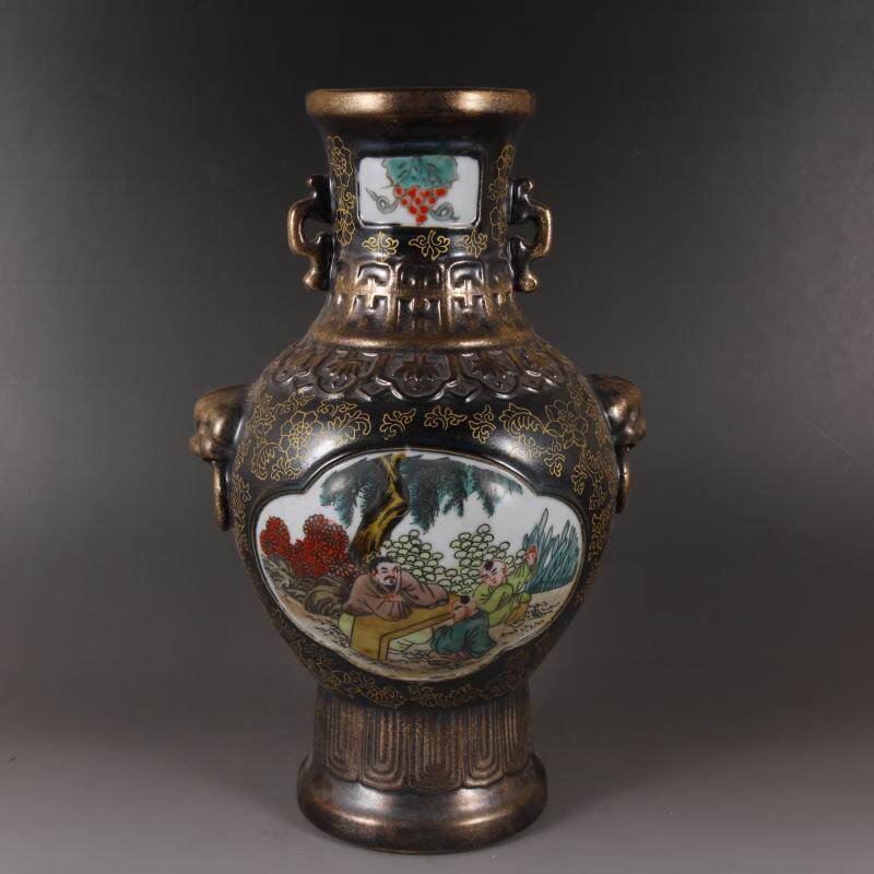 清雍正古铜釉开窗兽耳瓶古董瓷器收藏品民间古玩老物件博古架摆件